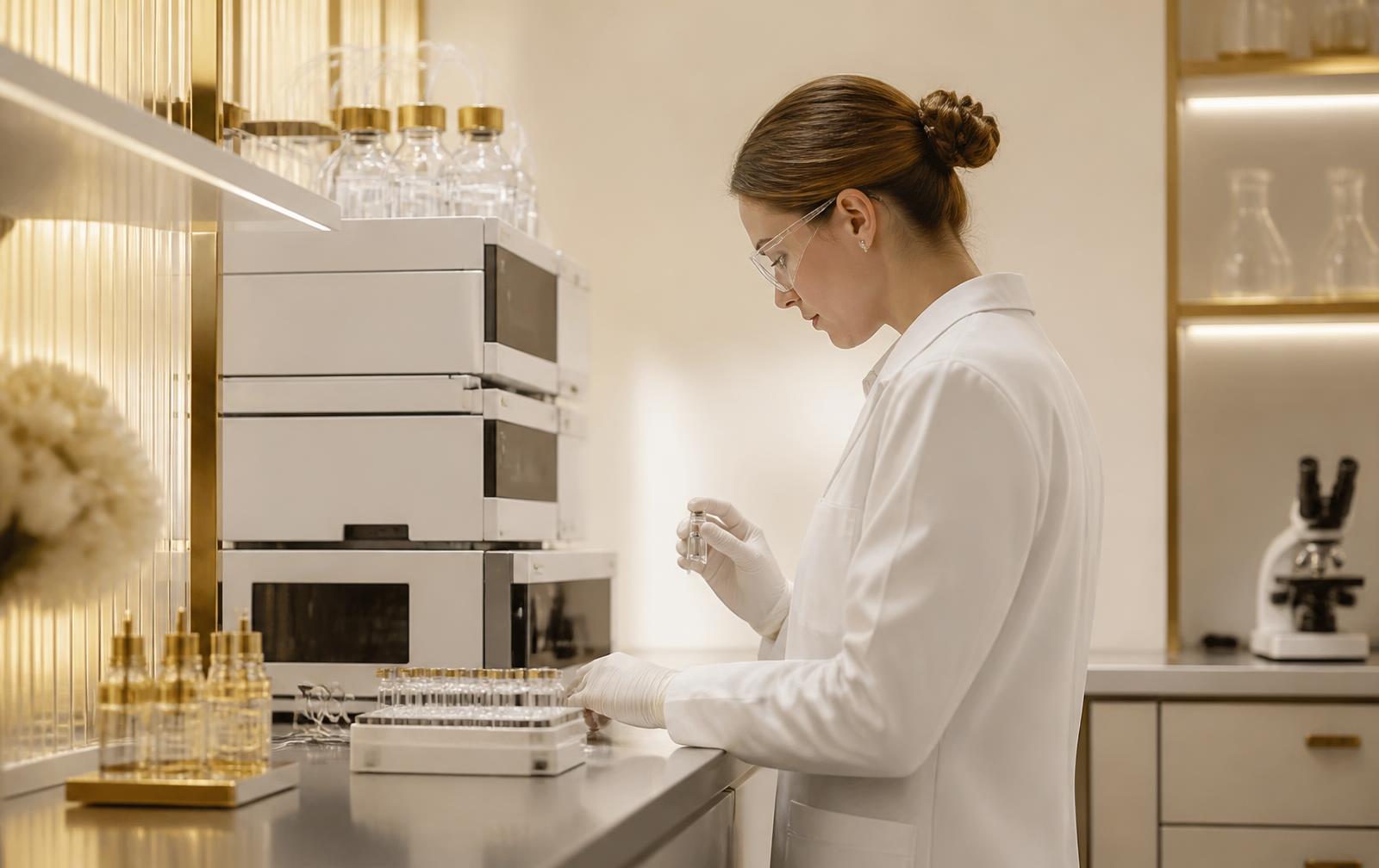 Researcher inspecting peptide vials beside chromatography instrumentation